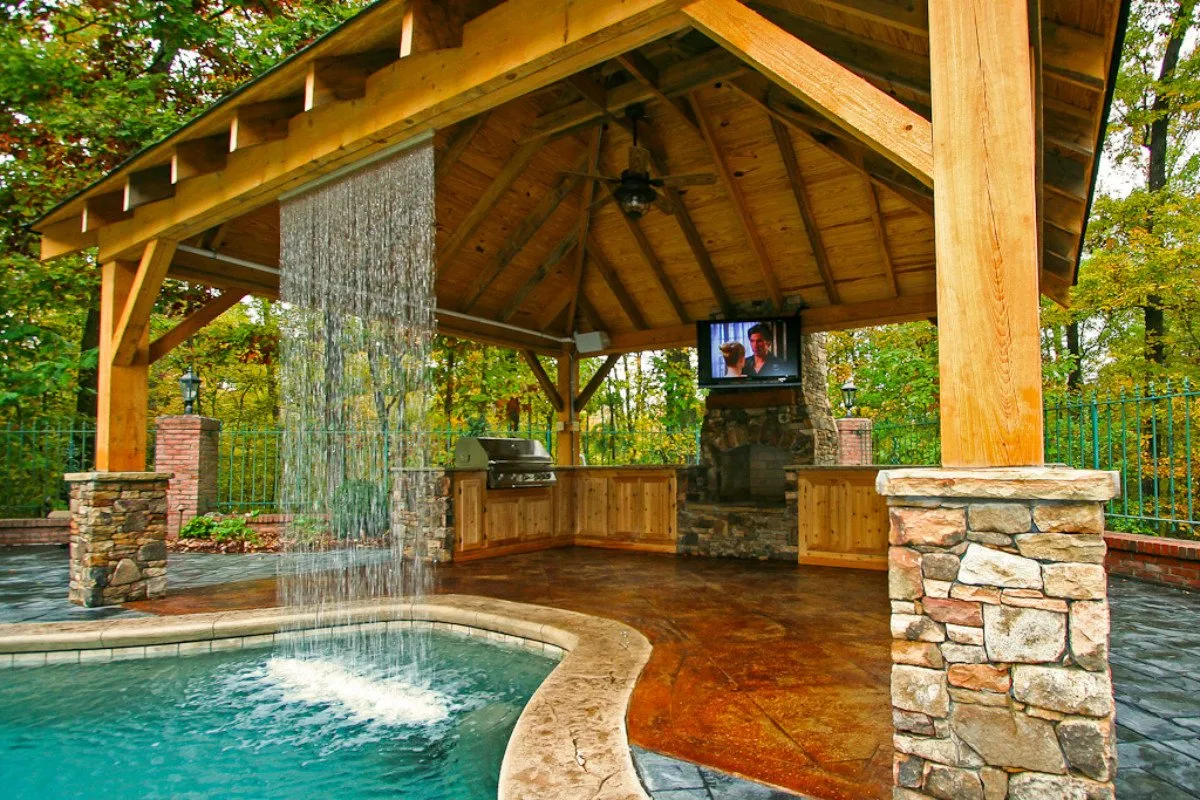 Outdoor pavilion with waterfall spa